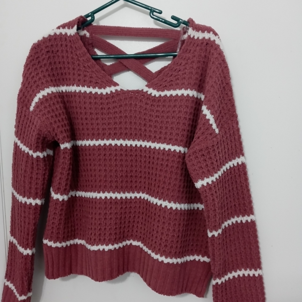 Moral Fiber Waffle Knit Long Sleeve Sweater Criss cross back
